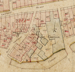 <p>Uitsnede uit het kadastrale minuutplan van 1832 met daarop de gebouwen van het Binnengasthuis (in blauw). De verhuurde huizen aan de Diezerstraat zijn met een zelfstandig nummer weergegeven. </p>
